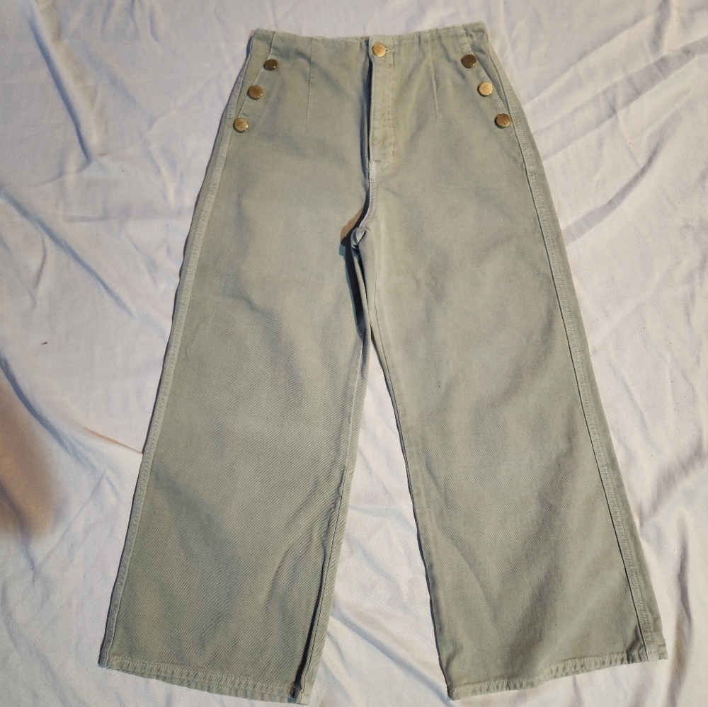 Zara Sage Green Straight Leg Pants Womens Size 6 Gold Button High Rise